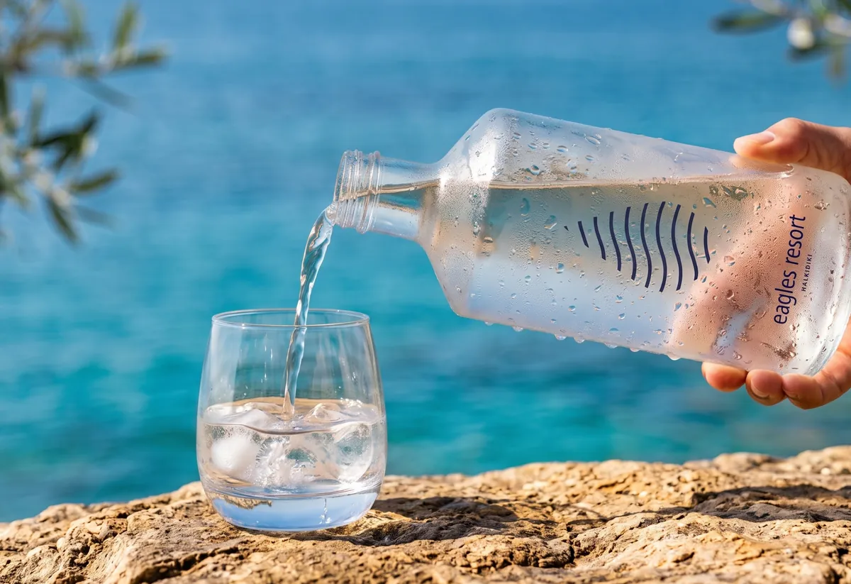 Eagles Resort Halkidiki branded water bottle poured into a glass by the sea
