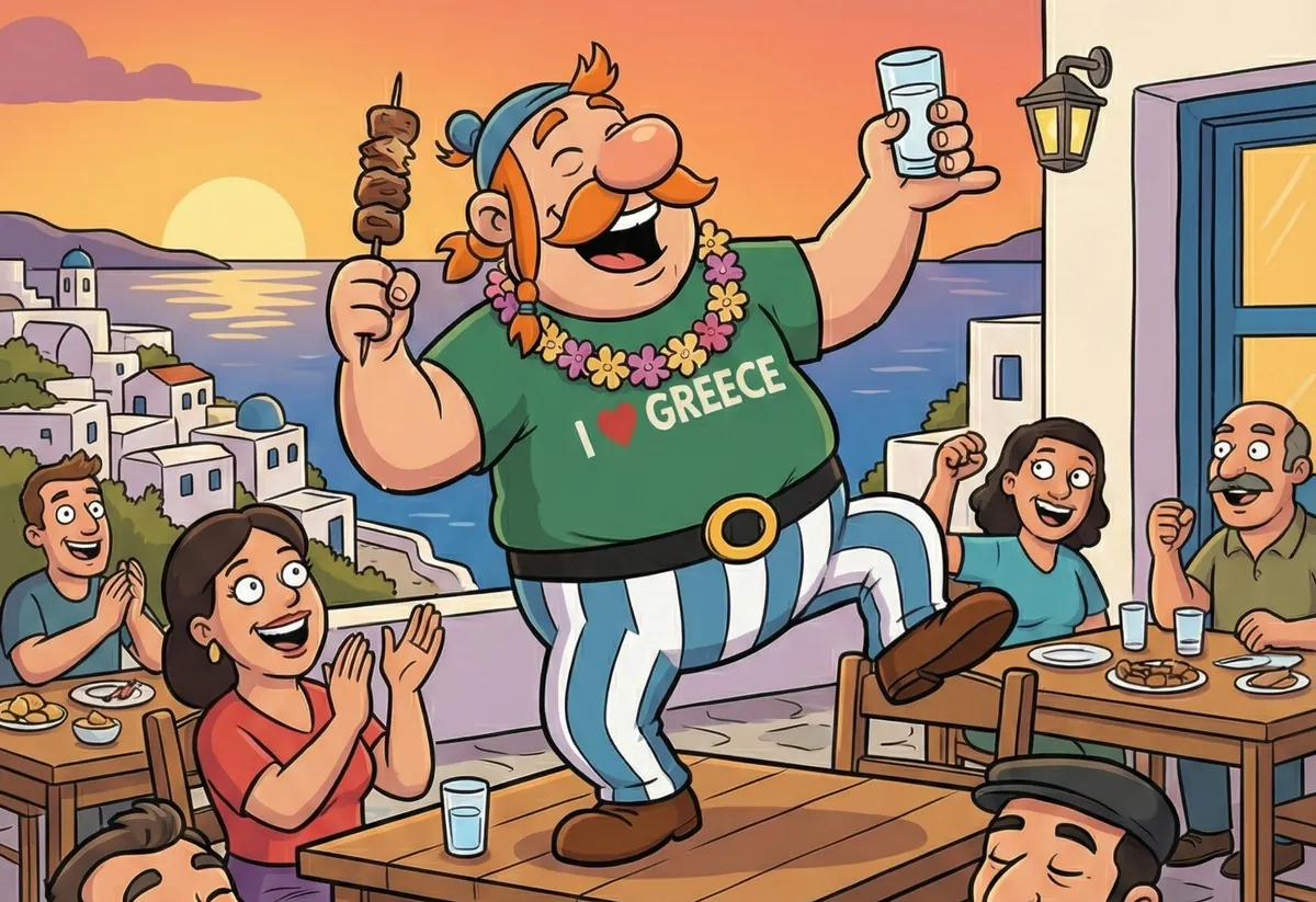 La Casa de Obélix mascot illustration — a Greek street food character dancing on a taverna table