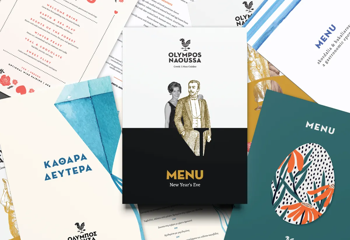 Olympos Naoussa menu design — editorial menu covers and rolling print programme for the Thessaloniki restaurant