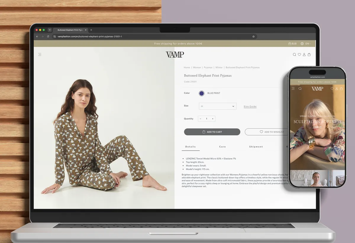 Vamp fashion e-commerce store shown on a laptop and a phone